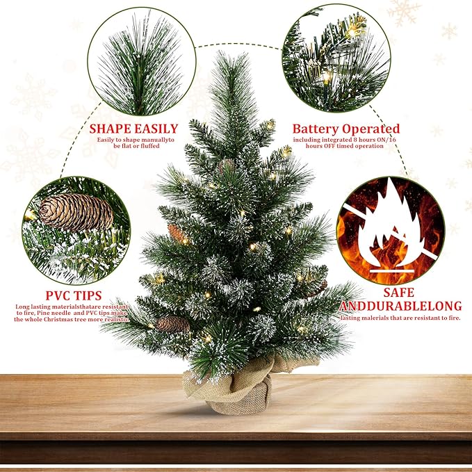 Pre-lit Artificial Mini Christmas Tree, 2ft Snow Tipped Pine Artificial Small Christmas Tree, Includes 30 Led Warm Lights, Seasonal Indoor Home Tabletop Decor with Decorative Burlap Base