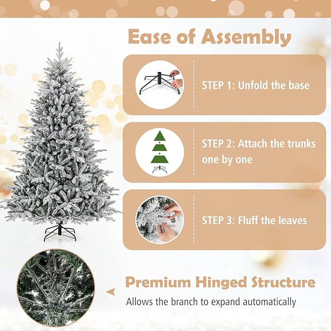 GOFLAME 7ft Pre-Lit Christmas Tree Snow Flocked, Hinged Artificial Xmas Tree with 1164 Branch Tips, 350 Multi-Color LED Lights, 8 Lighting Modes, Holiday Decoration Tree for Home Office Party