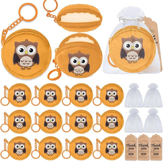36 Pack Owl Change Purses Set Include 12 Wallets with Keyring,12 Thank You Tags and 12 Organza Bags for Woodland Forest Animals Party,Thanksgiving,Baby Shower,Birthday Party, Khaki