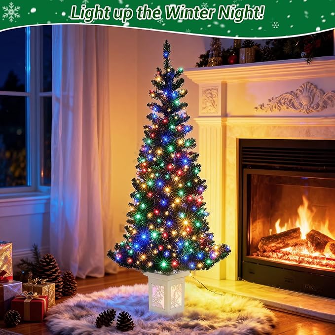 5FT Small Christmas Tree, Artificial Christmas Tree with 130 Colorful Lights & Lighting Base, Prelit Christmas Tree for Home & Office Xmas Decor with 10 Modes Lighting, Timer Operated Operated