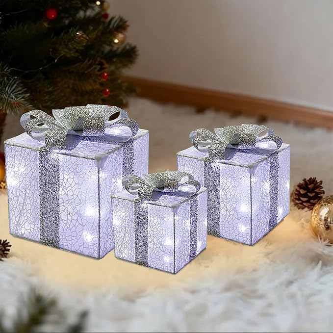 Christmas Light Gift Box Decorations, 3-Piece Set, Pre-Strung Wired Gifts with Bows, Illuminate Christmas Tree Skirt Decorations. Suitable for Indoor and Outdoor Use.（Silver）