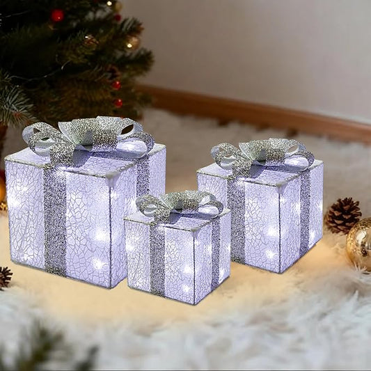 Christmas Light Gift Box Decorations, 3-Piece Set, Pre-Strung Wired Gifts with Bows, Illuminate Christmas Tree Skirt Decorations. Suitable for Indoor and Outdoor Use.（Silver）