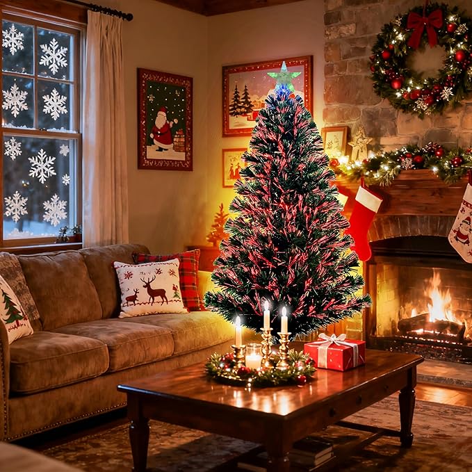 5FT Pre-lit Fiber Optic Christmas Tree with Lighted Star, PVC & Iron Construction, Green Artificial Christmas Tree with 195 Branch, Indoor Christmas Decorations, Holiday Home Xmas Decoration