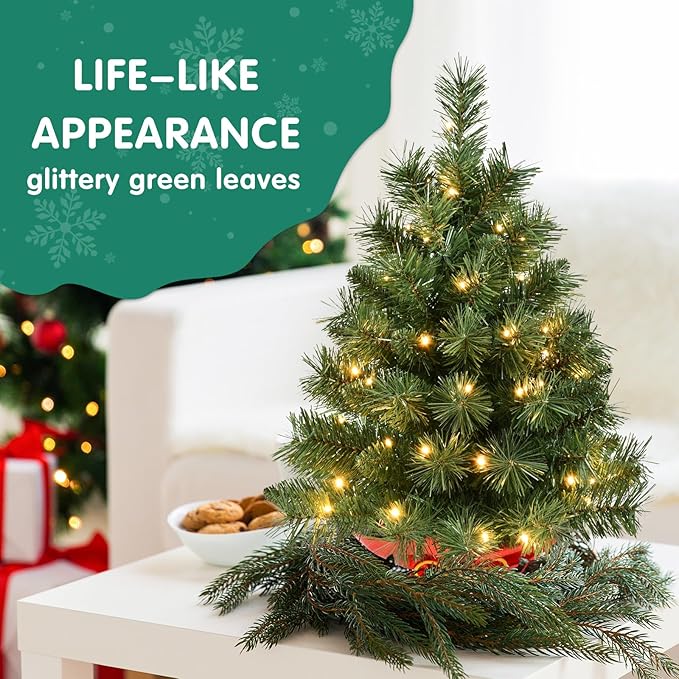 Pre-lit 2ft Small Christmas Tree, Leeheeyee Artificial mini Christmas Tree with 50 LED Lights, Battery Operated Tabletop Xmas Tree with Burlap Base for Table Desk Home Christmas Decor
