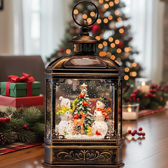 Christmas Snow Globes Lantern Christmas Snow Globe with Music Snowman and Christmas Tree,6H Timer,USB Lined/Battery Operated Lighted Lantern for Christmas Festival Decoration Gifts