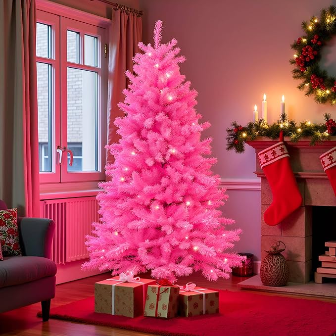 YULETIME 6.5 Feet Pre-Lit Pink Christmas Tree, Artificial Holiday Decorative Tree with UL Listed 300 Pink LED Christmas Lights with Matching Color Wire