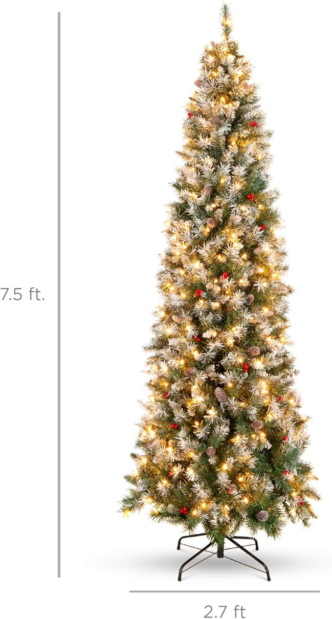 Best Choice Products 7.5ft Pre-Lit Pencil Christmas Tree, Partially Flocked Pre-Decorated for Home, Skinny Frosted Holiday Tree w/ 1,075 Tips, 350 Lights, Pine Cones, Metal Hinges & Base