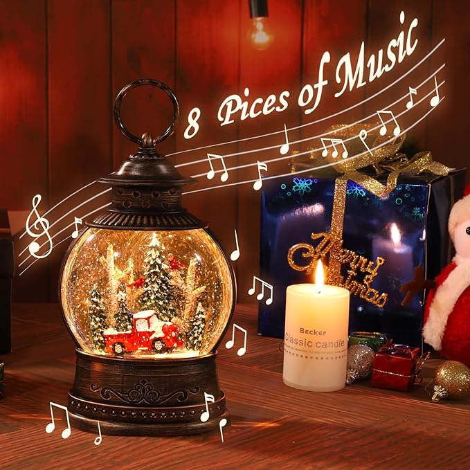 Christmas Snow Globes Lantern, Musical Snow Globe Christmas Decorations Water Lantern, Red Truck and Christmas Tree Scene Rotating Flashing Lanterns, Holiday Decor