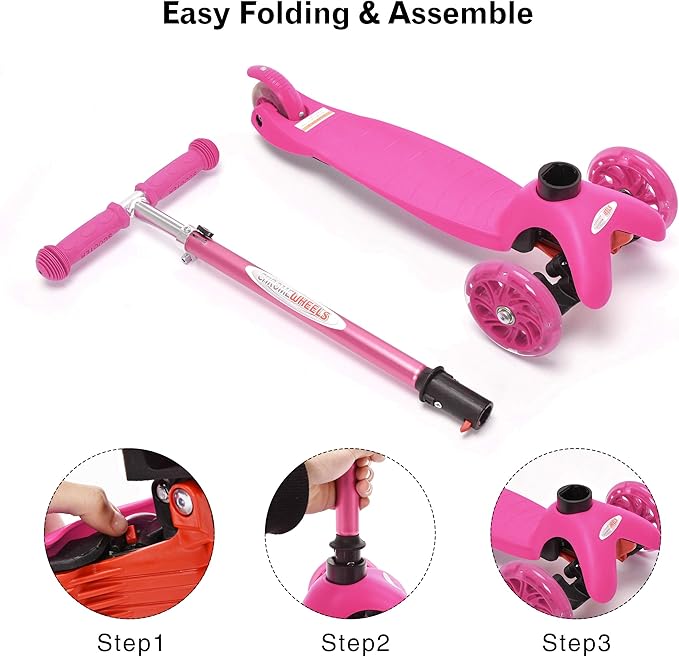 ChromeWheels Scooter for Kids, Deluxe 3 Wheel Scooter for Toddlers 4 Adjustable Height Glider with Kick Scooters, Lean to Steer with LED Flashing Light for Ages 3-6 Girls Boys