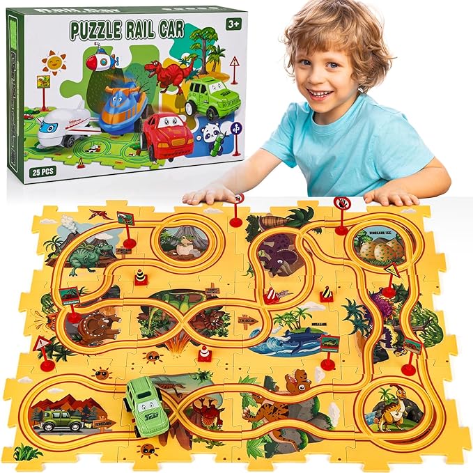 25PCS Puzzle Racer Kids Car Track Set Dinosaur Themed Series, Puzzle Track Car Play Set, Rail Car Puzzle Track, Kids Car Track, Educational Puzzle Toys Gifts for Kids Boys and Girls