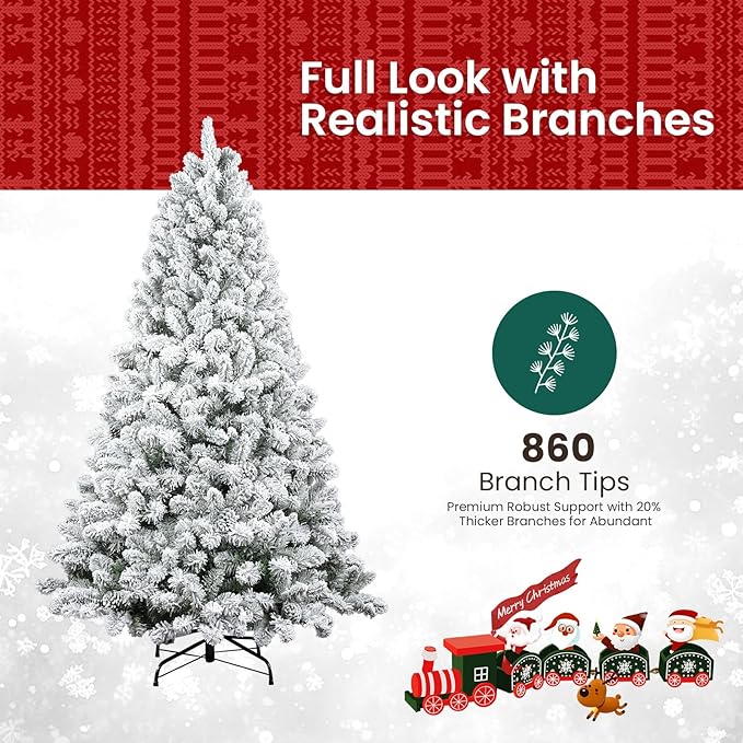 6ft White Artificial Christmas Tree with Snow Flocked Branches, Realistic Full Shape Xmas Tree with Sturdy Metal Stand for Indoor Holiday Decoration