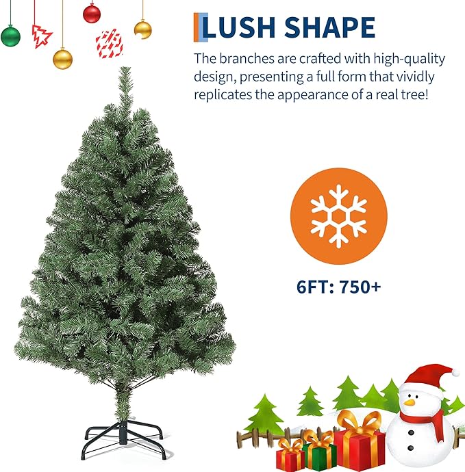6ft Artificial Christmas Tree, Premium Spruce Hinge Material, Holiday Christmas Tree with Metal Hinges and Collapsible Base for Home Gatherings and Office Decorations