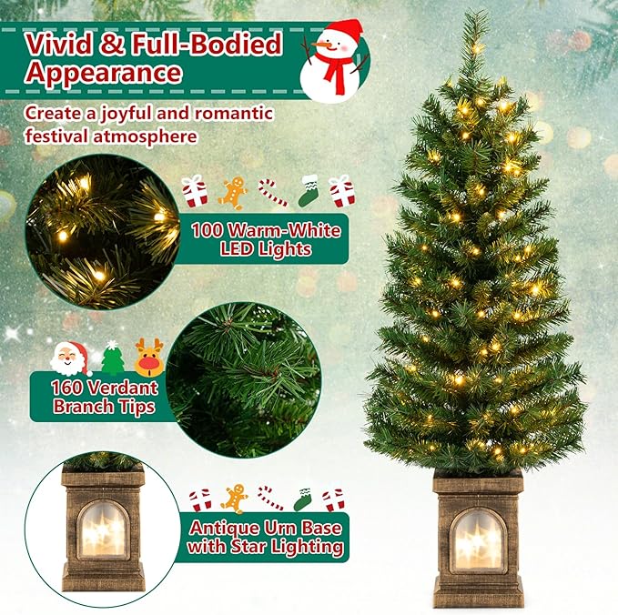 Goplus 4ft Pre-Lit Christmas Tree for Entrances, Set of 2 Artificial Potted Xmas Tree with 100 LED Lights, Timer, 3 Lighting Modes, 160 Branch Tips, Antique Urn Base, Porch Holiday Decor