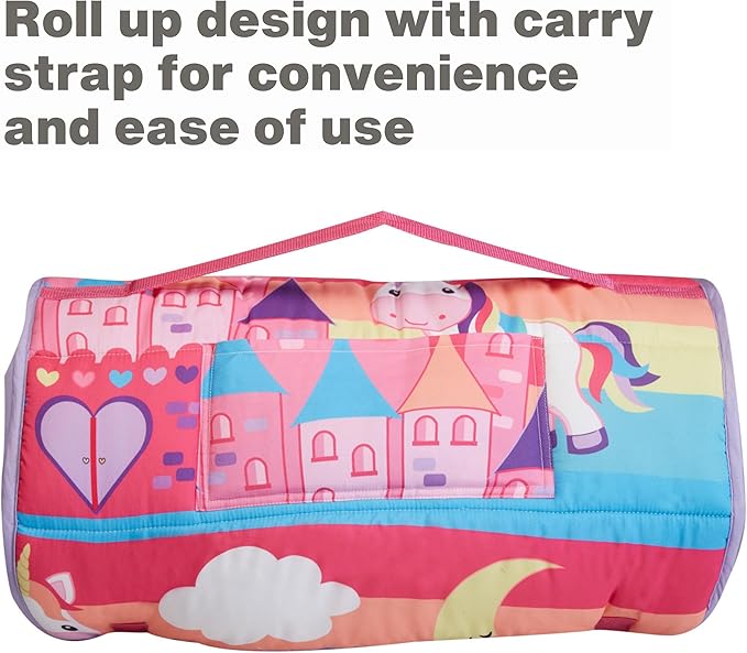 EVERYDAY KIDS Nap Mat with Removable Pillow - Unicorn Dreams - Carry Handle with Straps Closure, Rollup Design, Soft Microfiber for Preschool, Daycare, Travel Sleeping Bag - Ages 3-6 Years