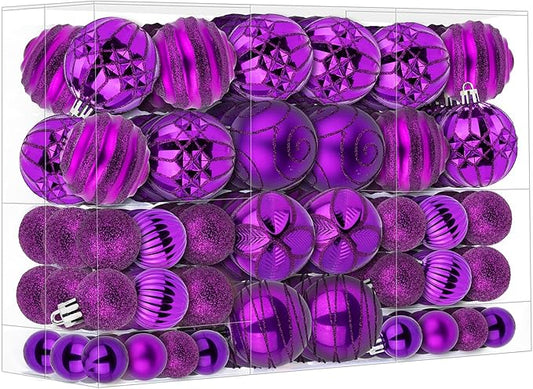 100Pcs Christmas Ball Ornaments Set, Shatterproof Plastic Purple Christmas Ornaments for Xmas Tree, Assorted Baubles Hanging Decorations for Holiday/Party/Wedding (Purple)
