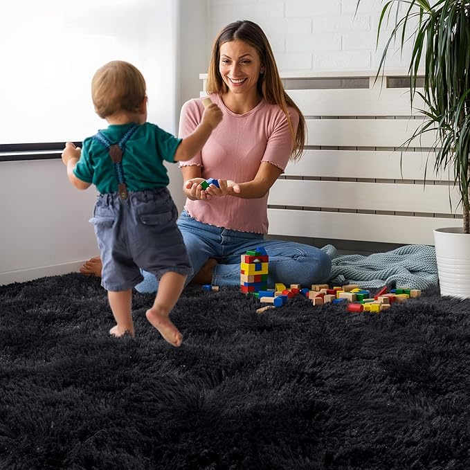 Ompaa Fluffy Runner Rugs, 2x4 Feet Black, Super Soft Shaggy Carpet Fuzzy Long Fur Rug for Bedroom Living Room Dorm, Plush Kids Playroom Baby Girls Nursery Decor Mats