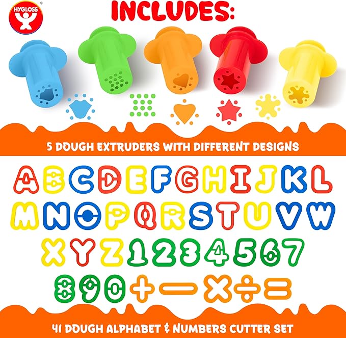46 Pcs Dough Tools Set – Dough Extruders + Numbers & Alphabet Cutters Set – Educational Modeling Clay Tools – Preschool Toys & Toddler Activities – Arts & Crafts for Kids Ages 3-5