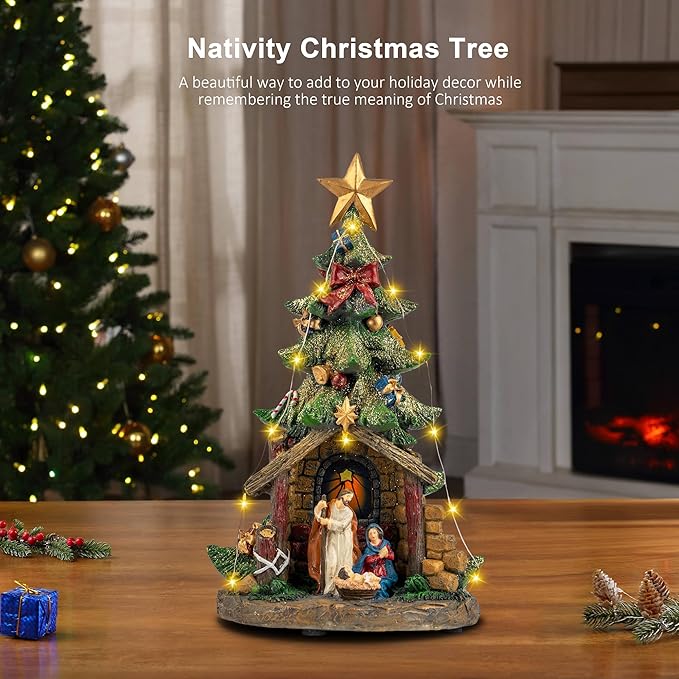 Musical Christmas Tree Nativity Scene with Figurines LED Light, Christmas Holy Family Nativity Scene for Xmas Decor Gift, Tabletop Decorative Christmas Ornaments