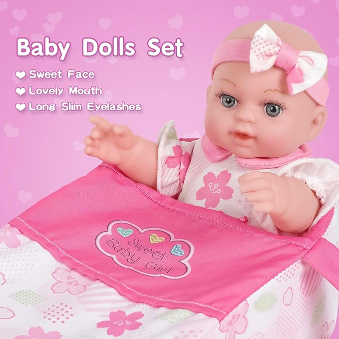 DONTNO 12 Inch Pink Baby Doll with Bassinet Bed,Reborn Baby Doll Includes Clothes and Accessories,Bottles,Nipple,Burp Cloth,Diaper,First Baby Dolls for Toddlers 36 Months and Up