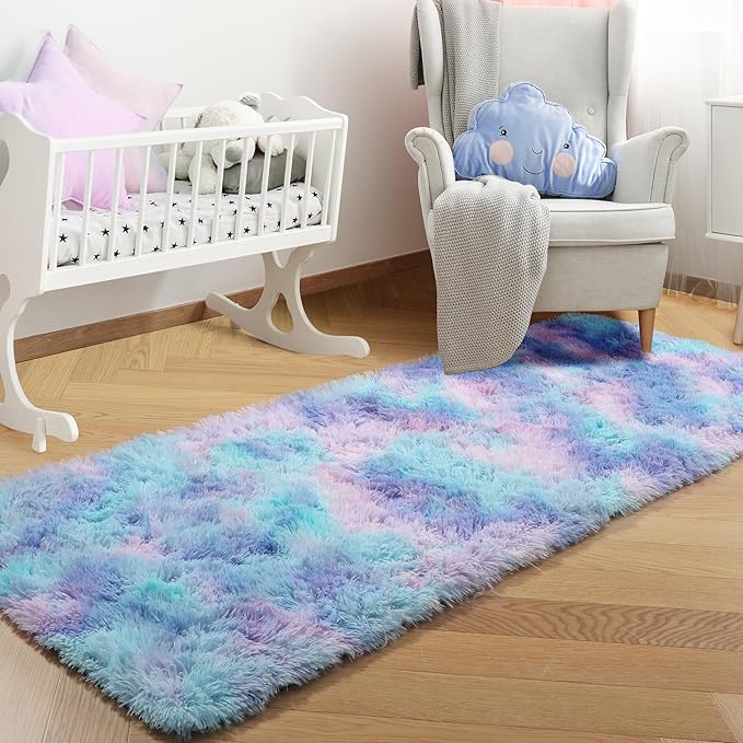 PAGISOFE Machine Washable Rainbow Runner Rugs for Girls Bedroom Hallway Plush Fluffy Purple Rug 2x6 Ft, Soft Carpet for Kids Room, Non-Slip Indoor Floor Rugs for Nursery Kids Girls Room Home Decor