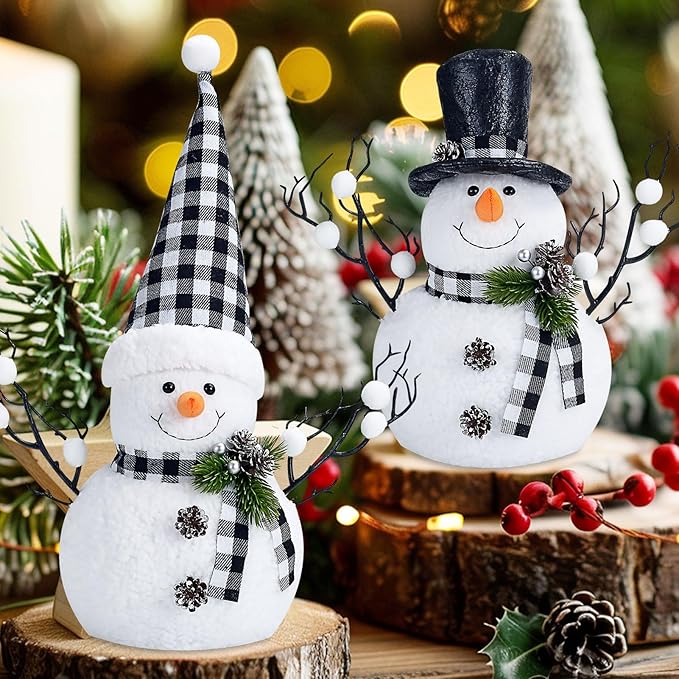 2 Pack Black and White Christmas Decor, 14" Lighted Snowmen Tree Buffalo Check Plaid Farmhouse Decorations, Table Centerpieces Rustic Gifts Tiered Tray Decor with for Christmas Party