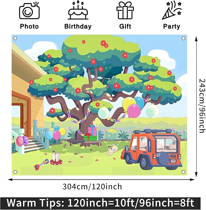 10x8FT Cartoon Dog Garden Tree Backdrop, Blue Sky Ballon Birthday Polyester Photography Background for Parties, Happy Birthday Photo Booth Prop Decorations