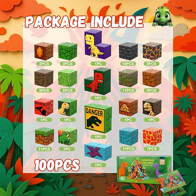 100 PCS Magnetic Blocks for Kids Ages 3 4 5 6 7 8 9 10, STEM Sensory Building Toys, Dinosaur Magnetic Toys, Christmas Birthday Gifts for Toddlers Boys & Girls