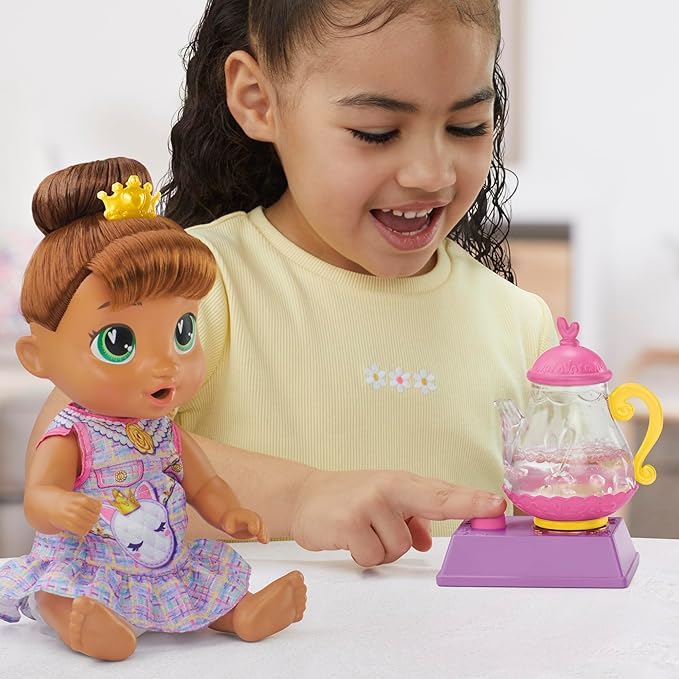 Baby Alive Bubbly Tea Party Sophia Sparkle Doll with Teapot Accessories, Brown Hair, 11 Inches, Toys for 3 Year Old Girls and Boys & Up