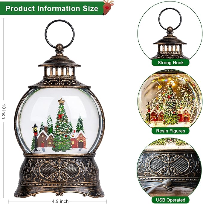 Christmas Snow Globes Water Lantern with Christmas Tree Village, Music & 6H Timer, USB Lined/Battery Operated Lighted Lanterns for Xmas Festival Decoration Gifts