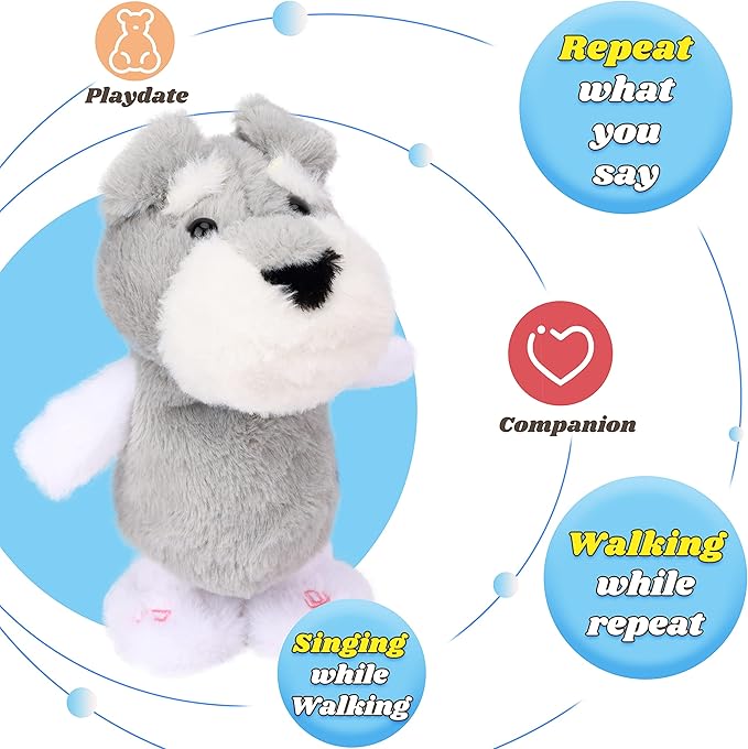 Hopearl Talking Schnauzer Singing Dog Repeats What You Say Puppy Walking Electric Interactive Animated Toy Speaking Plush Buddy Gifts for Toddlers, Gray, 8''