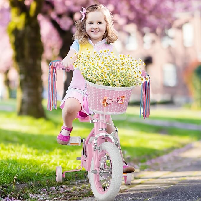 KORIMEFA Girls Bikes Ages 2-4 4-6 6-8 with Training Wheels 12 14 16 Inch, Little Small Kids Princess Toddler Bicycle with Streamers, Pedal Bike with Basket and Doll Seat, Coaster Brake, Birthday Gift