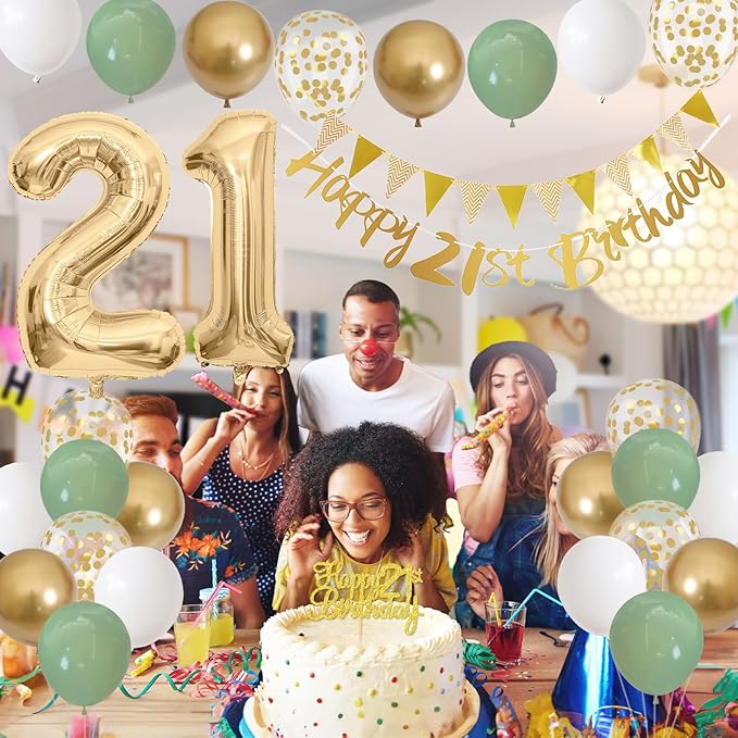 21st Birthday Decorations for Him Her, Happy Banner With Cake Topper Number 21 Foil Balloon, Sage Green White Gold Balloons for Men Women 21 Year Old Party Decoration