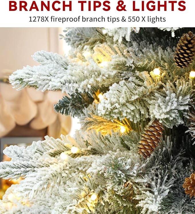DWVO Flocked Christmas Tree Prelit 9ft, Atificial Christmas Tree with 820 LED Lights & 80 Pine Cones, Full Flocked Xmaxs Trees with 1818 Branch Tips, Metal Hinged & Stand Home Party Decoration