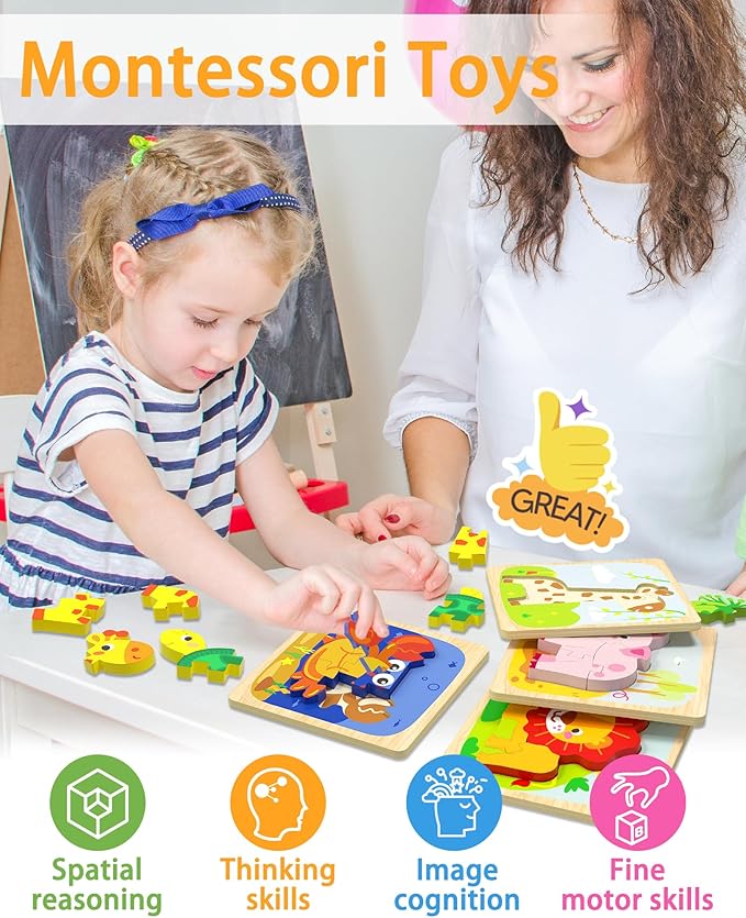 Wooden Puzzles Toddler Toys for 1 2 3 Year Old Boy Girl, 12 Packs Animal Toddler Puzzles Preschool Educational Learning Montessori Toys Age 1-3, 2-4 Christmas Birthday Gifts