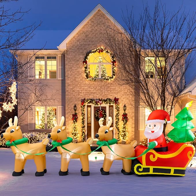 Sizonjoy Outdoor Christmas Inflatables Decorations,13 FT Lighted Christmas Inflatables Santa Claus on Sleigh with 3 Reindeer & Christmas Tree for Indoor Outdoor Home Holiday Yard Decorations