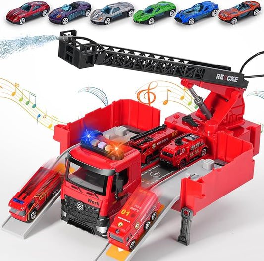 Toy Fire Truck Rescue Firetruck - Transformer Ejector Truck Car Race Track Home Outdoor Shool Toddler Kids Ages 2 3 4 5 6 7 8 Year Old Boys Girls Children Christmas Birthday Gift Ladder Real Water Jet