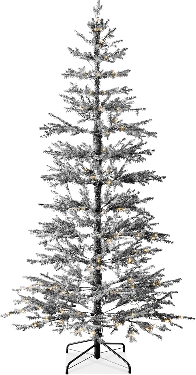 Best Choice Products Pre-Lit Sparse Christmas Tree 9ft Artificial Flocked Pine Holiday Décor Aspen Noble Fir White & Multicolor LED Lights- Black