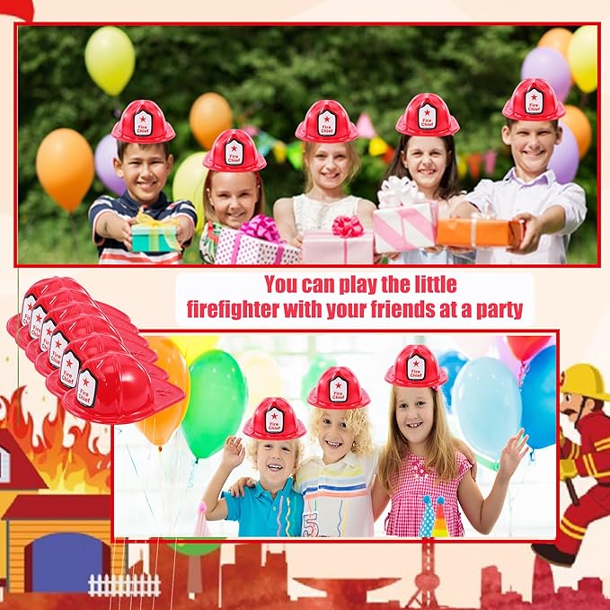 24 PCS Firefighter Hats for Kids,Kids Firefighter Helmet Fire Chief Helmet,Plastic Fireman Hat,Red Children’s Fireman Helmet,Firefighter Hat Costume Dress Up Accessory