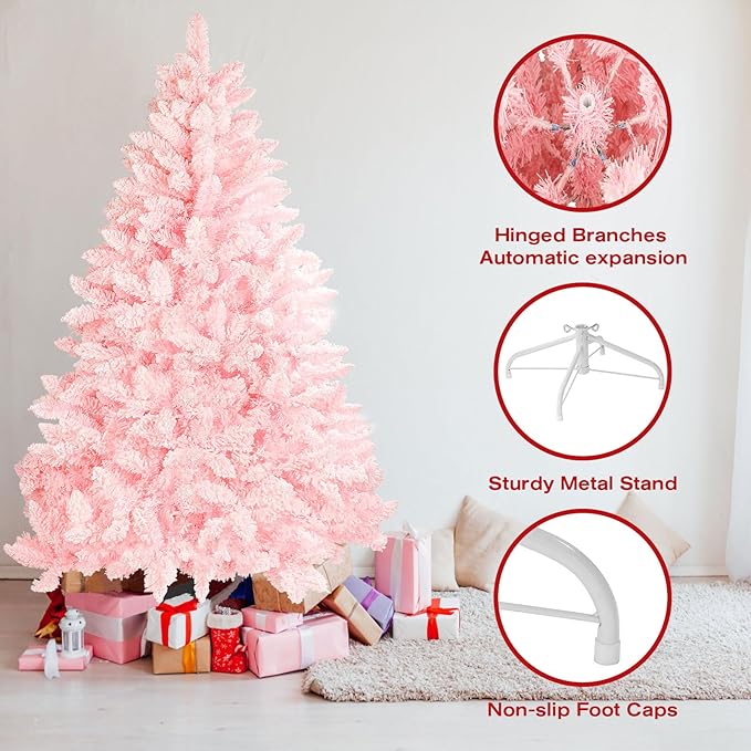6ft Premium Hinged Artificial Holiday Christmas Tree for Home, Office, Party Decoration Snow Flocked Xmas Pine with 1,000 Branch Tips, Easy Assembly, Metal Hinges & Base (Pink)