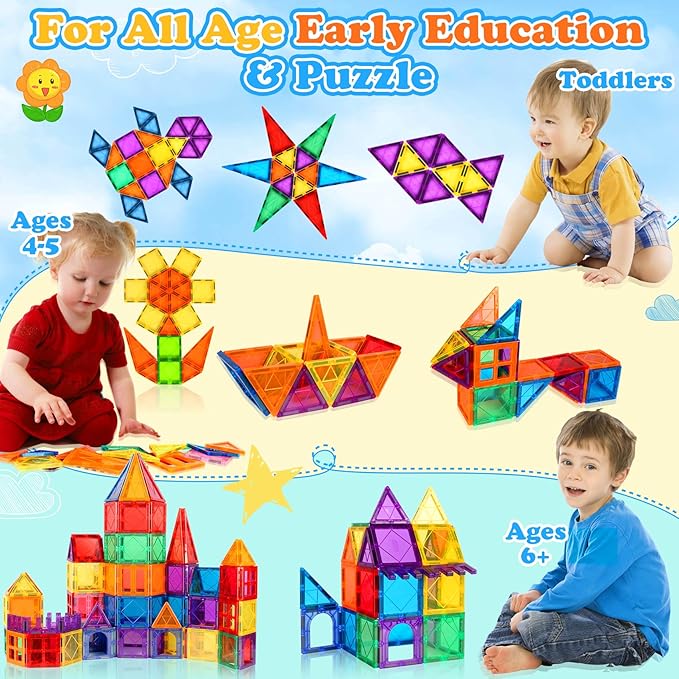Magnetic Tiles Kids Toys, Magnetic Building Blocks STEM Magnet Building Set Preschool Learning Magnet Toys for Kids Ages 3-5 4-8, Sensory Montessori Toy for Toddlers 3+ Year Old Boys Girls