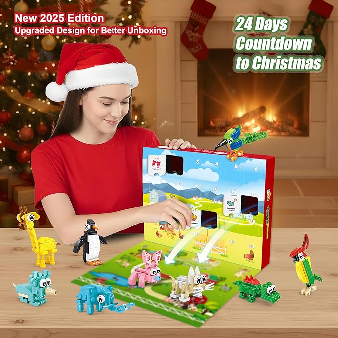 2025 Animal Advent Calendar Building Set for Kids – Christmas Countdown Calendar with 24 3-in-1 Animal Packs, 72 Mini Models, Creative Building Toys & Christmas & Birthday Gifts for Boys & Girls 6+