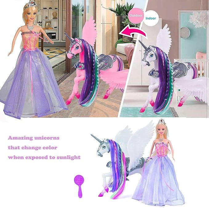 MEGAFUN Color Change Unicorn Toys & Princess Doll, Unicorn Doll with Rainbow Braided Hair, Removable Saddle&Wings, Princess Toy Unicorn Gifts for Girls