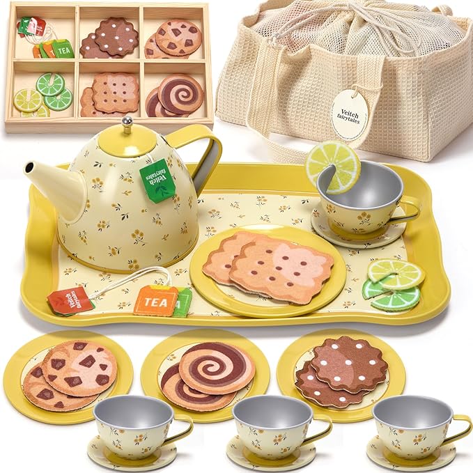Kids Tea Party Set for Little Girl, Tea Sets for Toddler Pretend Play Food Kitchen Toy Accessories Gift for 3 4 5 6 Years Old Girls Boys (Yellow)