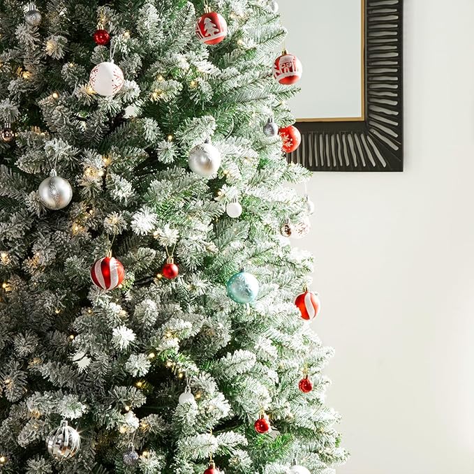 Glitzhome 11ft Artificial Christmas Tree, Prelit Christmas Tree with 950 Warm White Lights, Flocked Pencil Tree w/2836 Branch Tips, Metal Hinged & Foldable Metal Stand for Holiday Decorations