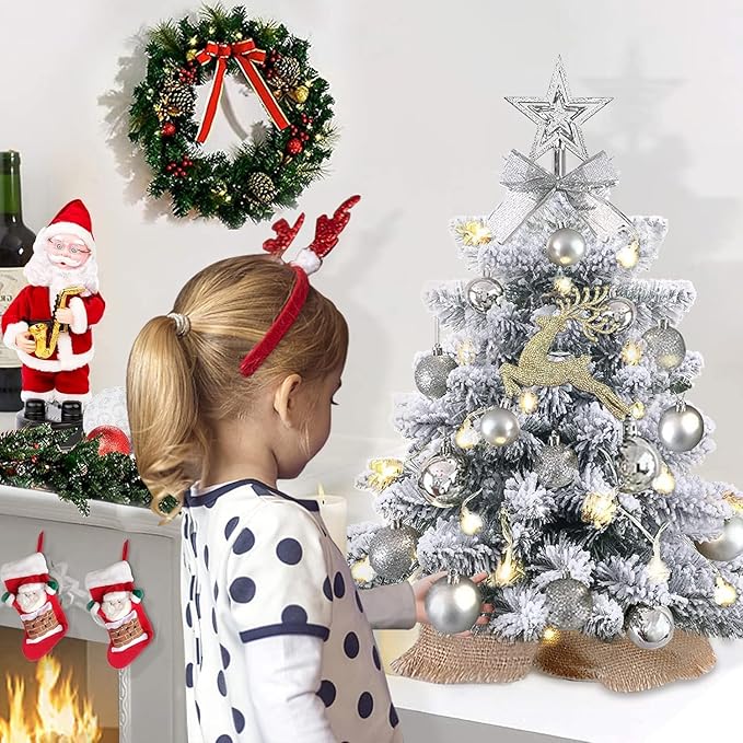Mini Christmas Tree with Lights,24In/2ft Snow Flocked Pre-lit Tabletop Christmas Tree with 19 Decorations,Artificial Small DIY Decor for Table Desk Home