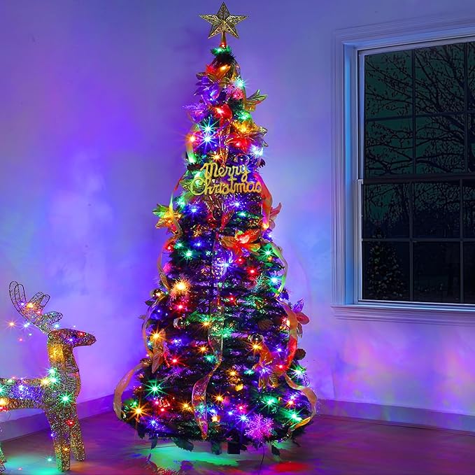 6Ft Pop Up Full Christmas Tree Prelit Dual Color Change and Pre-Decorated 80 Ornaments 1 Minute Christmas Tree 200 Warm White&Colored Lights Timer 8 Mode UL Plug in Collapsible Xmas Tree Holiday Decor