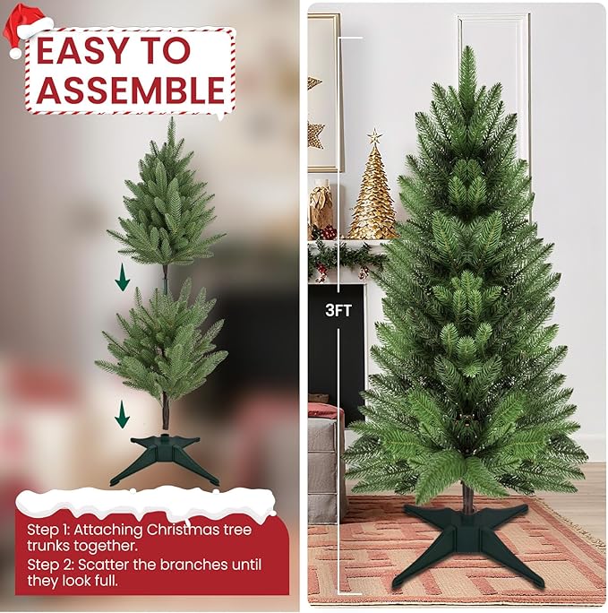 3FT Artificial Small Christmas Tree, Premium PE Tips, Easy Assembly Metal Hinges & Foldable Base, Mini Christmas Tree for Tabletop, Home, Office, Indoor and Outdoor Decor, Christmas Decoration