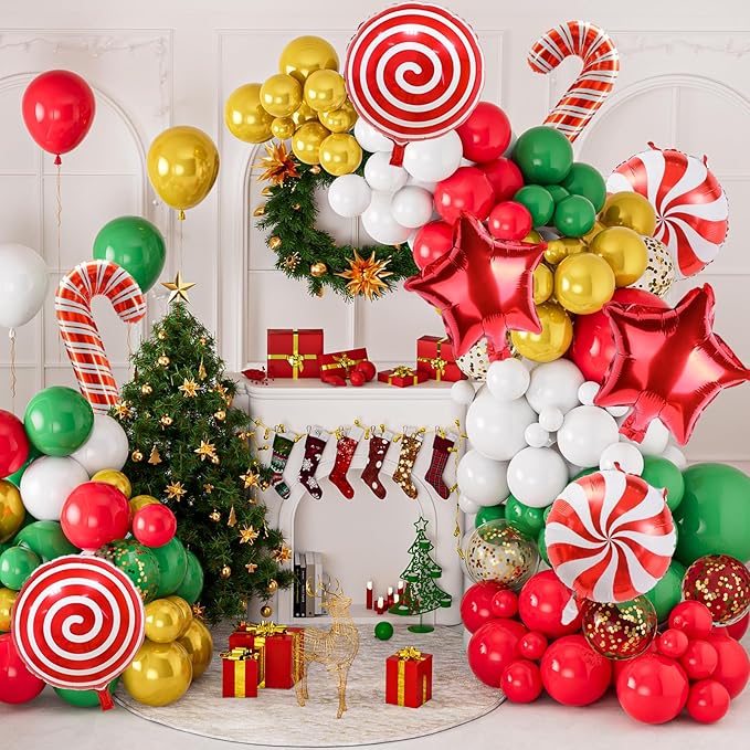 NeoVita Christmas Balloons Garland Arch Kit, 133PCS Red Green White Xmas Balloons Different Sizes 18 12 5 Inch with Candy,Cane,Star Foil Balloons for Christmas Party Decorations Indoor