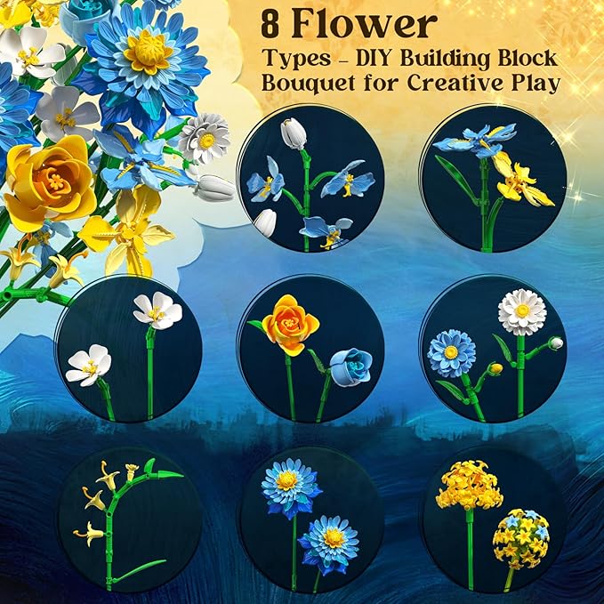 Flowers Building Kit Botanical Collection Compatible with Lego Flowers Set, Gifts for Adult Girls & Women, Home and Office Decor Gift for Christmas Day, Valentines, Birthday