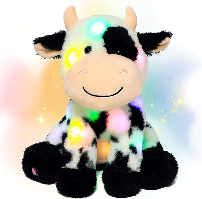 Hopearl LED Plush Smile Cow Lighting Up Stuffed Animal Diary Cattle Floppy Night Lights Glow in The Dark Birthday Festival for Kids Toddler Girls, 11''